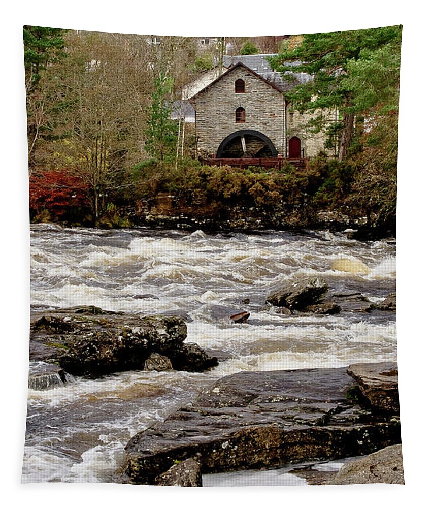 Old Mill Tapestry featuring the photograph Old Mill at Dochart waterfalls by Elena Perelman