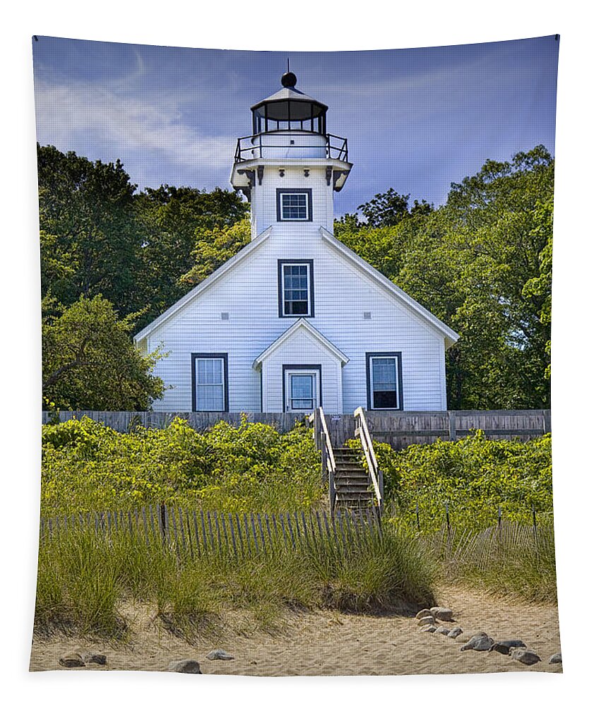 Lighthouse Tapestry featuring the photograph Old Mission Point Lighthouse in Grand Traverse Bay Michigan Number 2 by Randall Nyhof