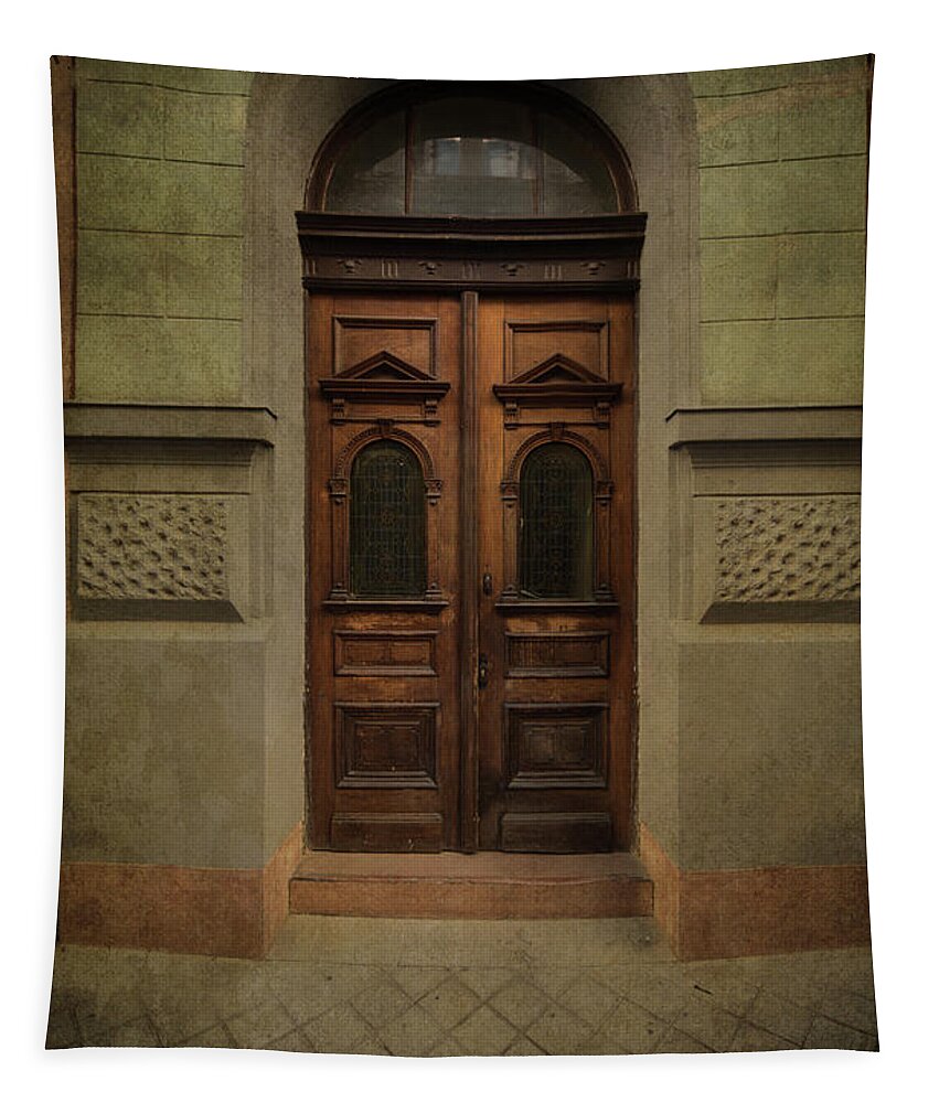 Gate Tapestry featuring the photograph Old ornamented wooden gate in brown tones by Jaroslaw Blaminsky