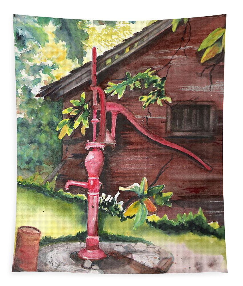 Red Tapestry featuring the painting Old Red Pump by Marsha Woods