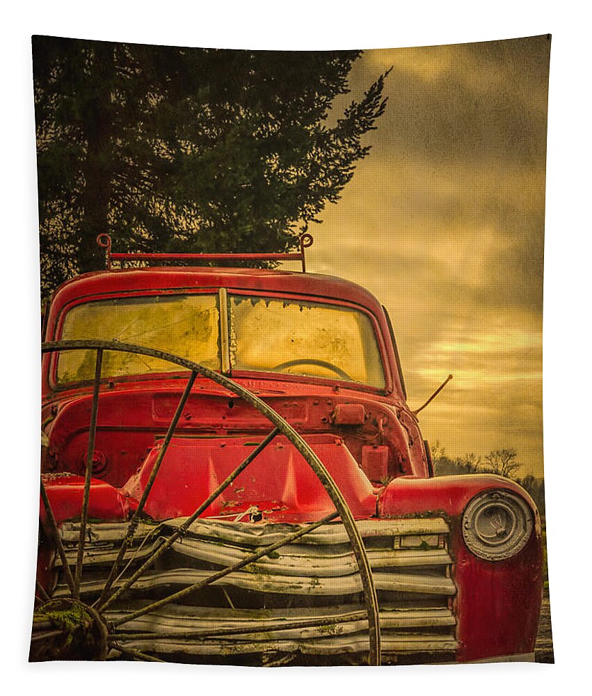 Barn Tapestry featuring the photograph Old Red Truck by Don Schwartz