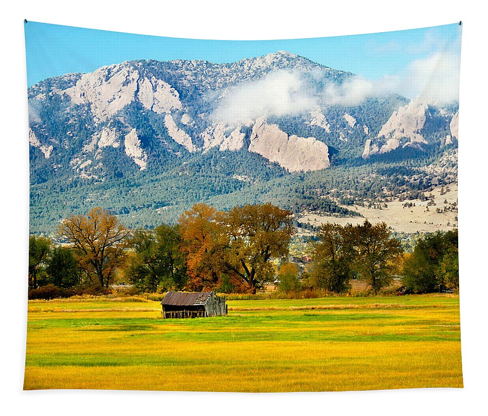 Rural Tapestry featuring the photograph old shed against Flatirons by Marilyn Hunt
