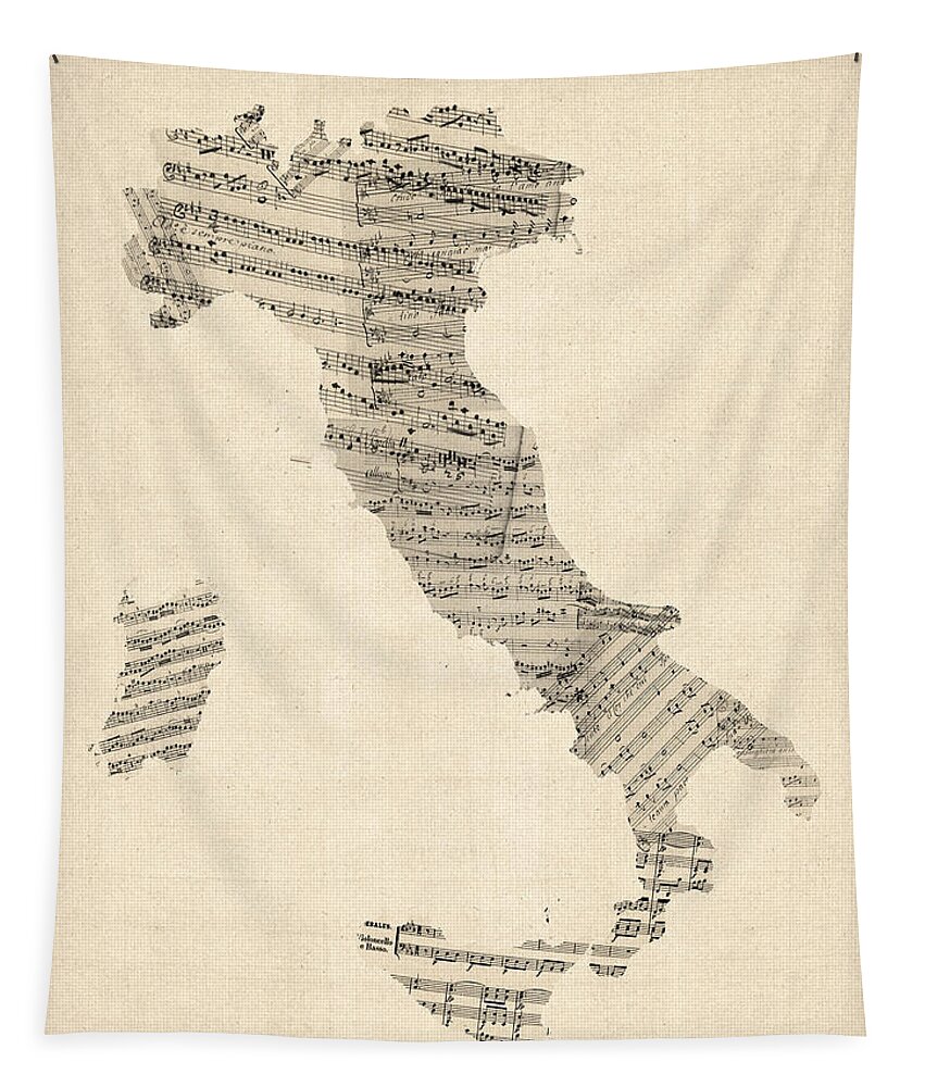 Italy Map Tapestry featuring the digital art Old Sheet Music Map of Italy Map by Michael Tompsett