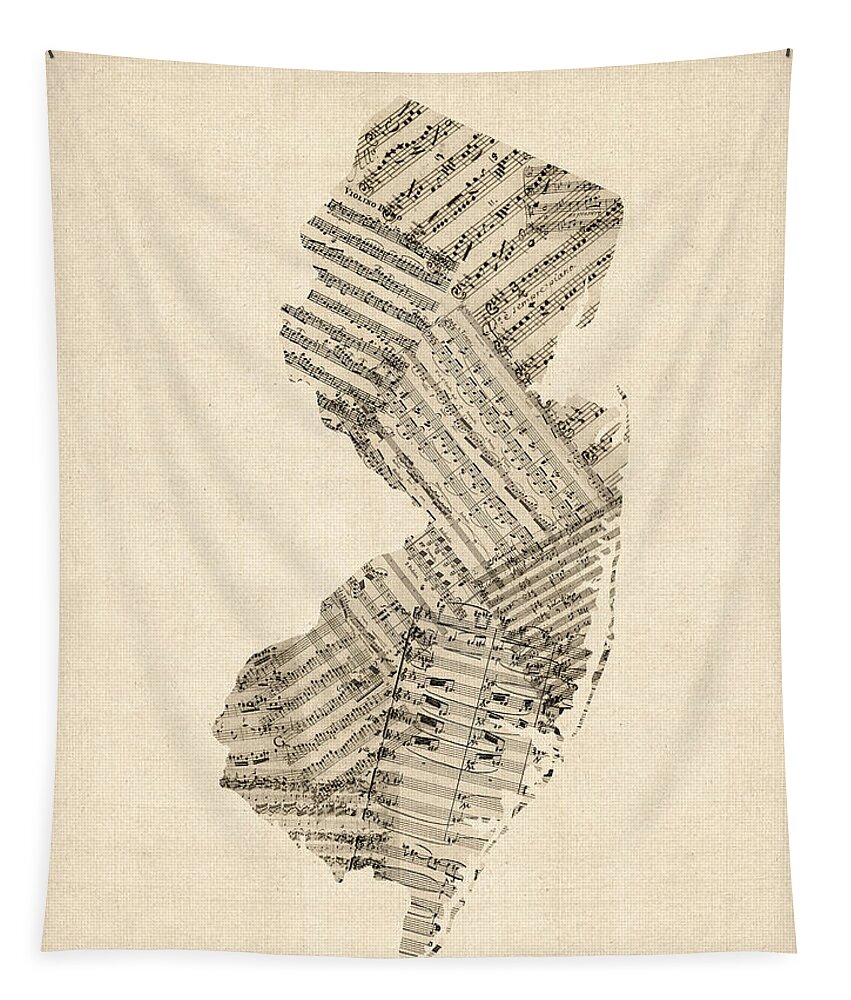 New Jersey Tapestry featuring the digital art Old Sheet Music Map of New Jersey by Michael Tompsett