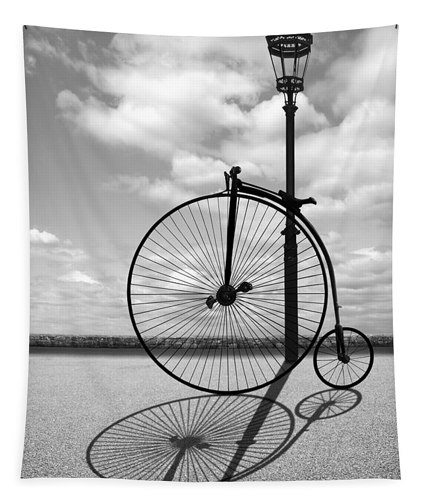 Penny Farthing Tapestry featuring the photograph Old Times - Penny Farthing With Street Lamp and Shadows by Gill Billington