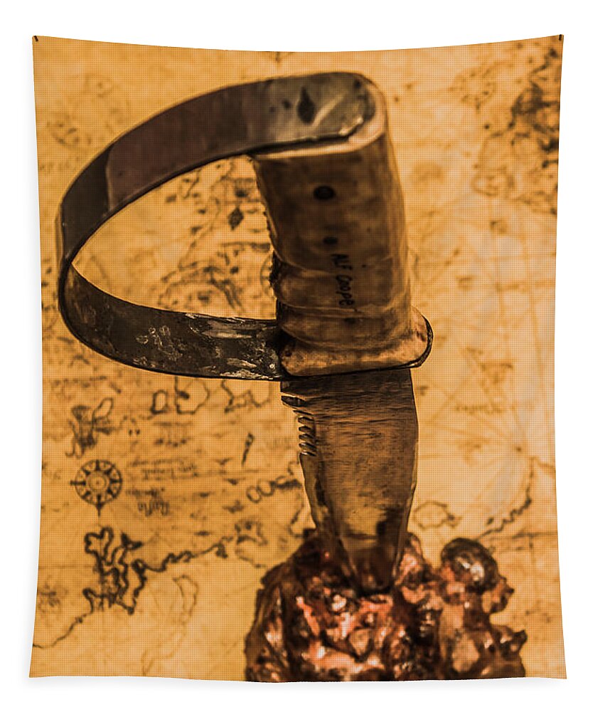 Knife Tapestry featuring the photograph Old vintage knife in gold nugget on map by Jorgo Photography