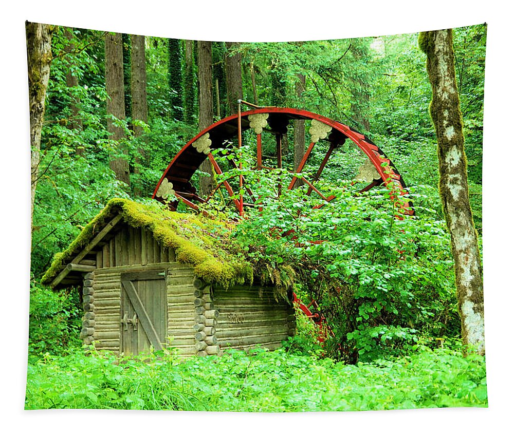 Old Tapestry featuring the photograph Old wheel and cabin by Jeff Swan