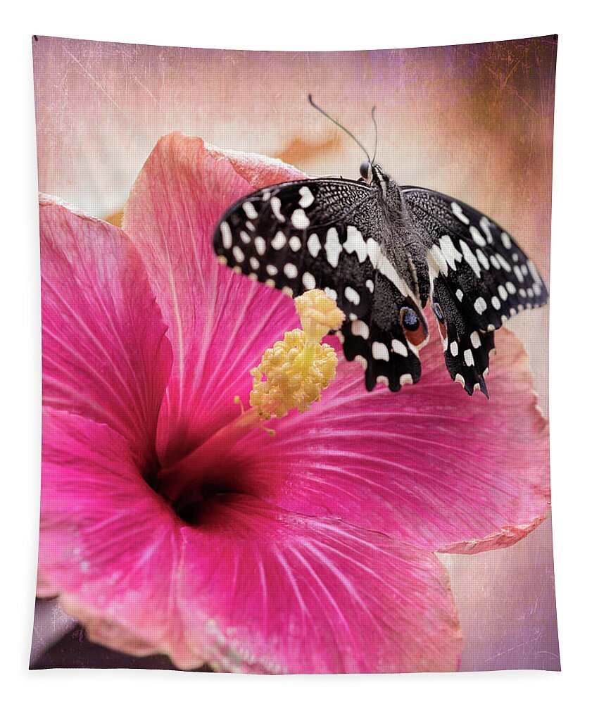 Butterfly Tapestry featuring the photograph Old World Swallowtail on Pink Hibiscus by Susan Rissi Tregoning