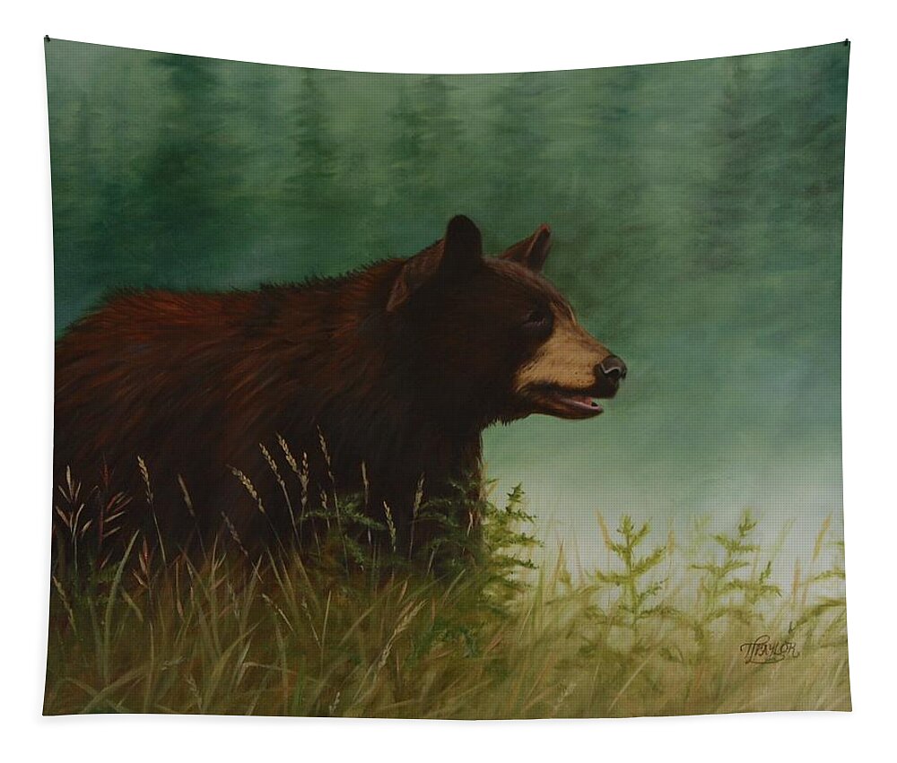 Black Bear Tapestry featuring the painting On The Hunt by Tammy Taylor
