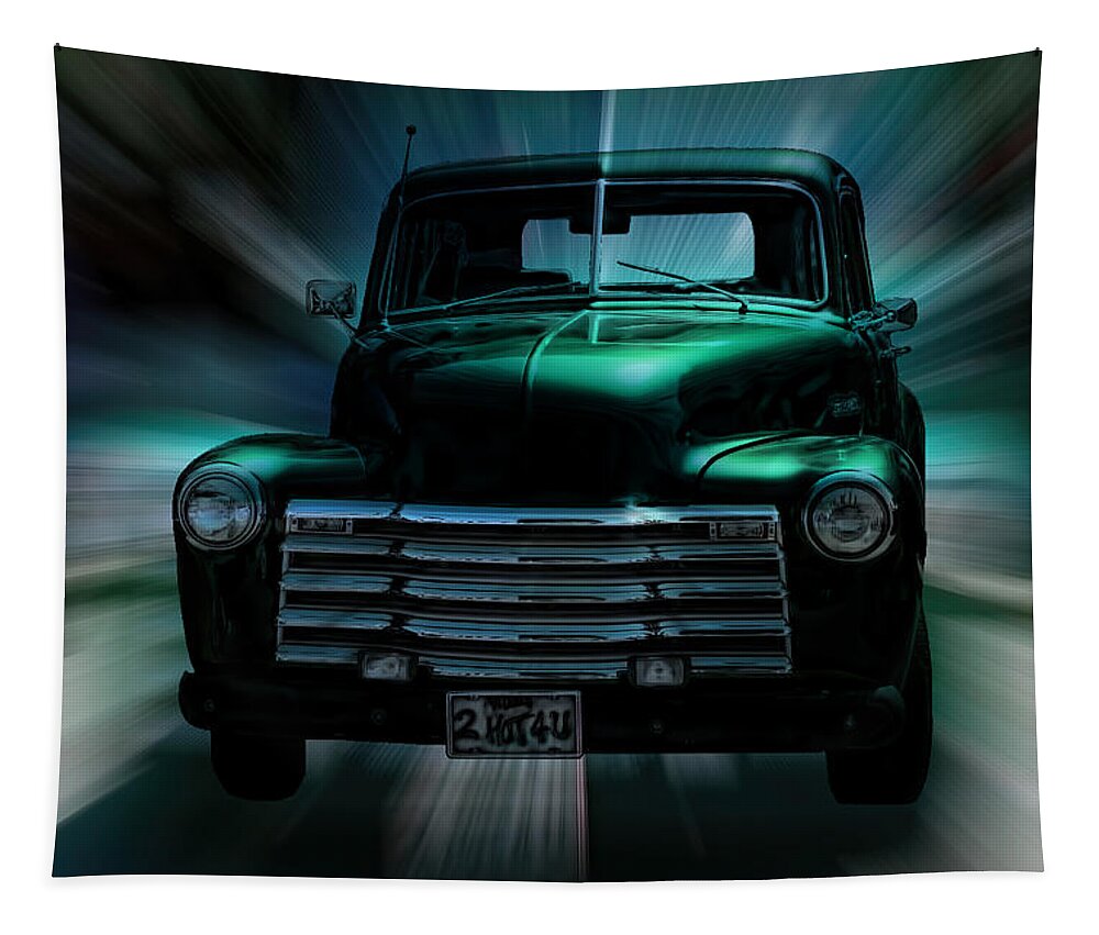 Green Truck Tapestry featuring the mixed media On The Move Truck Art by Lesa Fine