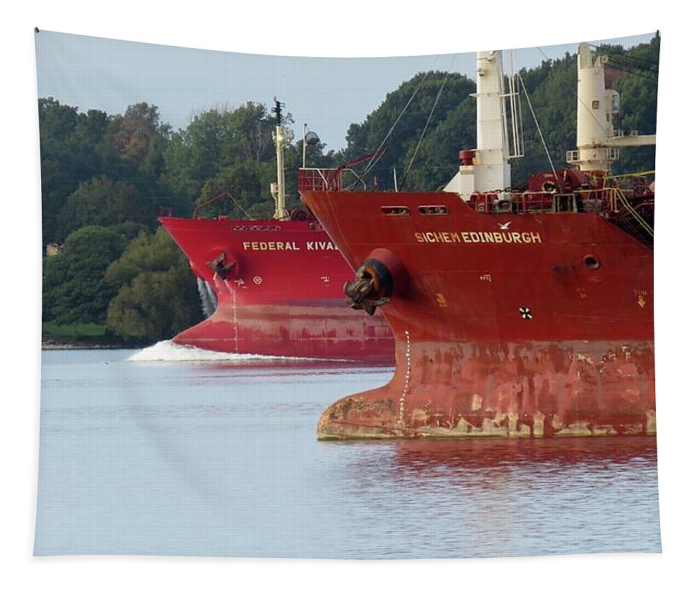 Freighters Tapestry featuring the photograph On the River by Dennis McCarthy