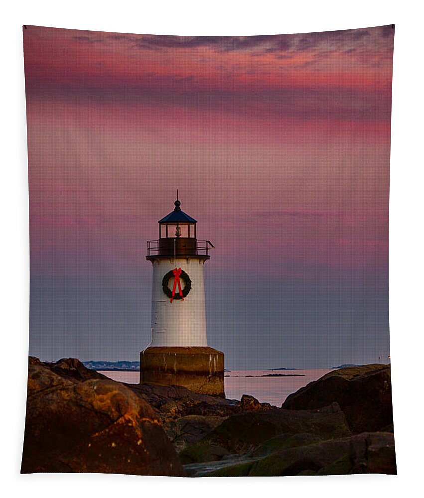 Salem Tapestry featuring the photograph On the Rocks Fort Pickering lighthouse by Jeff Folger