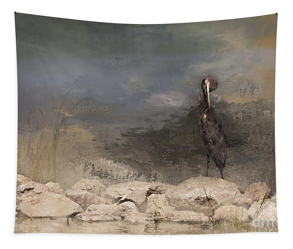 Blue Heron Tapestry featuring the photograph On The Rocks by Pam Holdsworth
