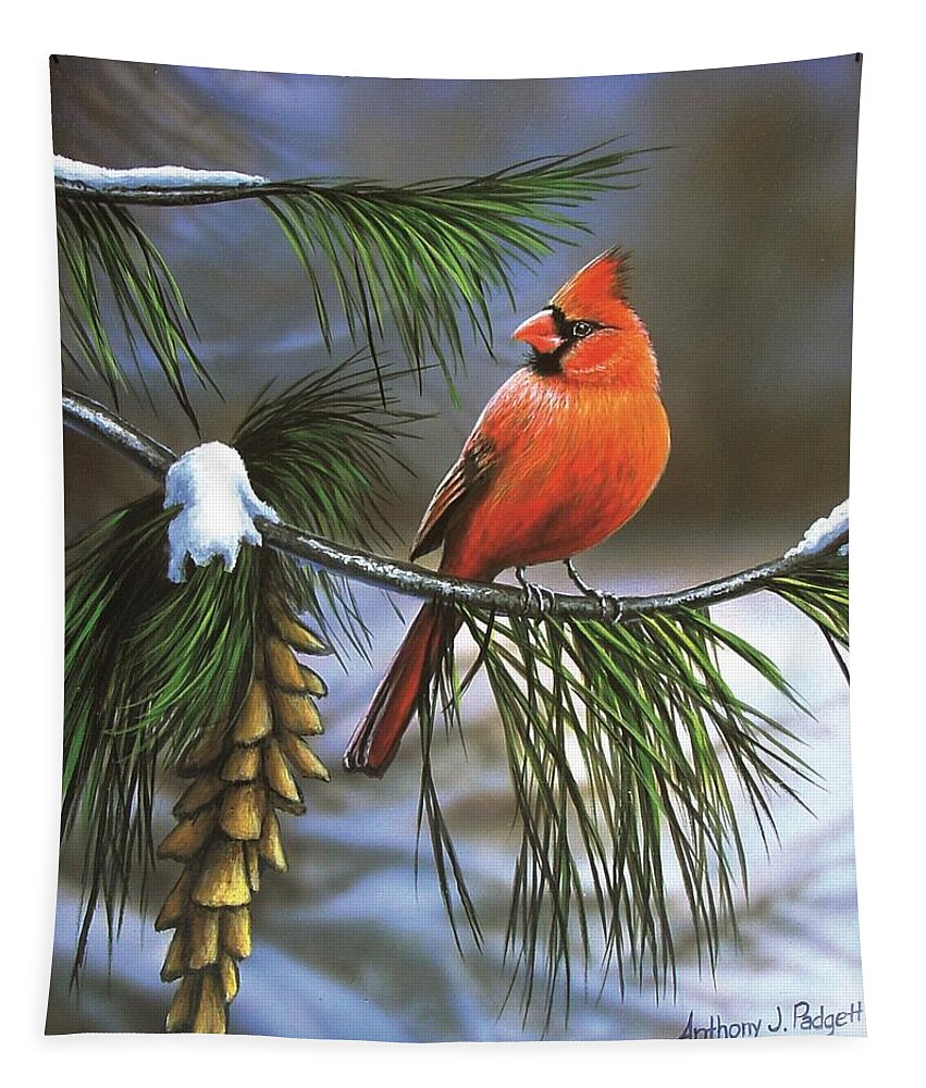 Cardinal Tapestry featuring the painting On Watch - Cardinal by Anthony J Padgett