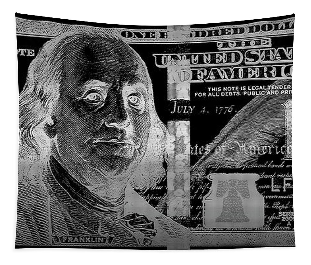'visual Art Pop' Collection By Serge Averbukh Tapestry featuring the digital art One Hundred US Dollar Bill - $100 USD in Silver on Black by Serge Averbukh