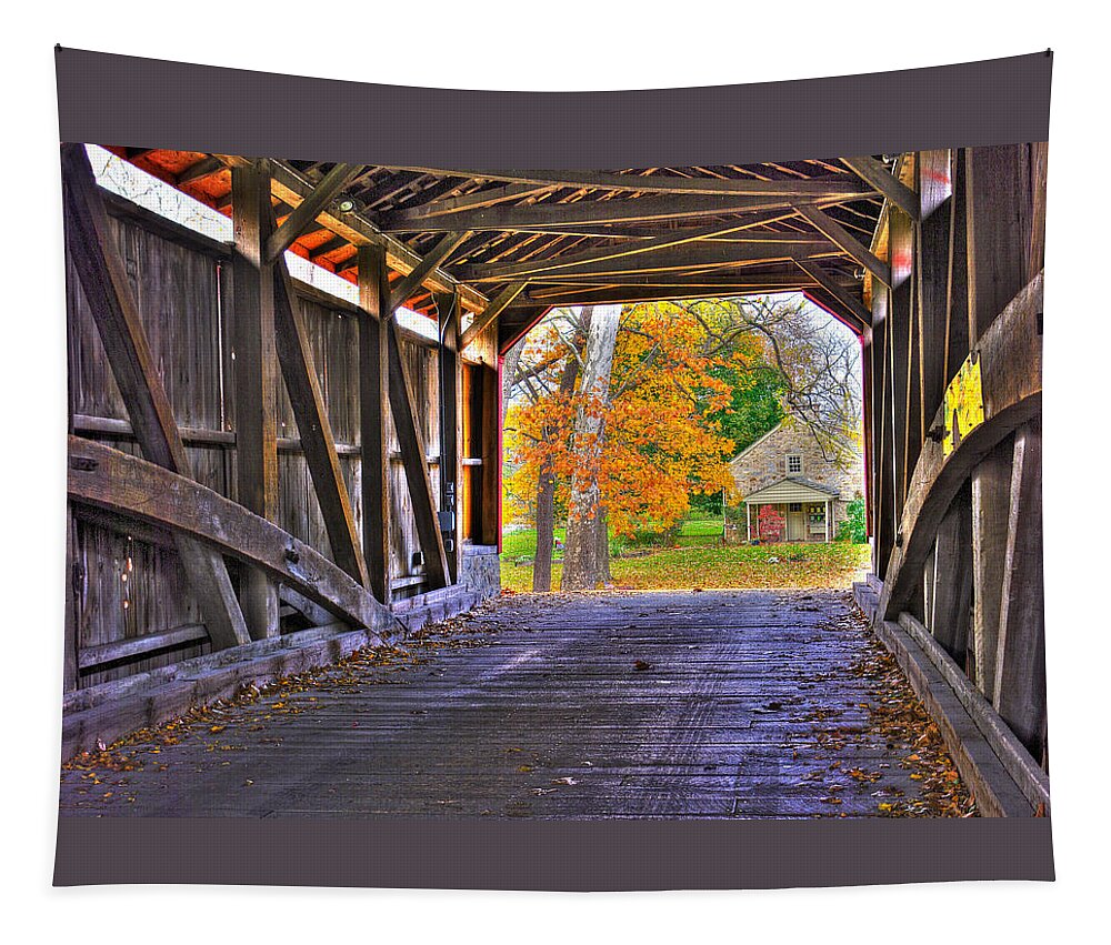 Poole Forge Covered Bridge Tapestry featuring the photograph One More Bridge to Cross, Then Home - Poole Forge Covered Bridge No. 6A - Lancaster County PA by Michael Mazaika