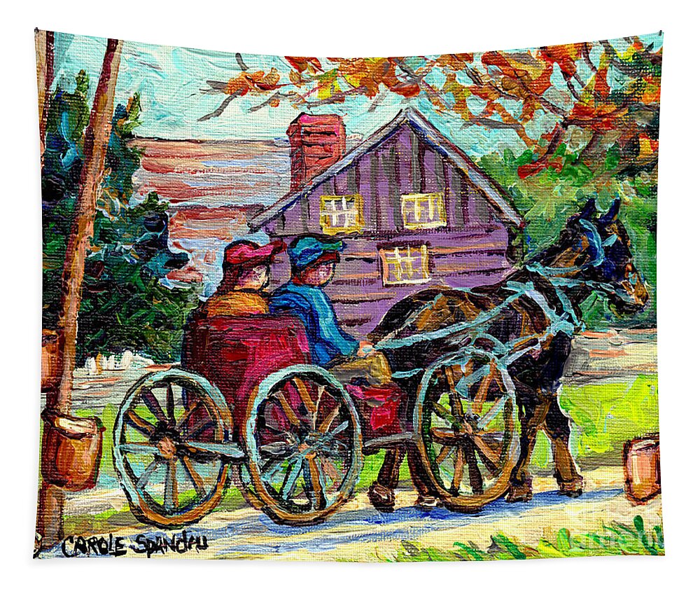 Canadian Landscape Tapestry featuring the painting Ontario Landscape Painting Maple Tree Sugar Shack Horse And Buggy Country Scene C Spandau Fine Art by Carole Spandau