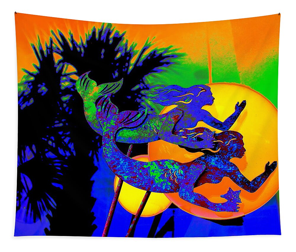 Mermaid Tapestry featuring the digital art Orange Moon Synchronicity by Larry Beat