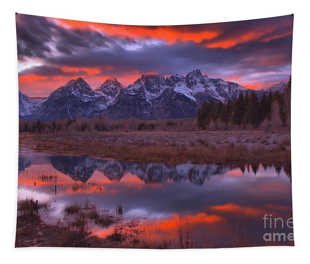 Grand Teton National Park Tapestry featuring the photograph Orange Teton Sunset Glow by Adam Jewell