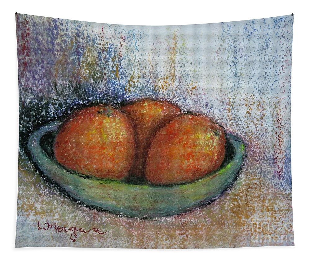 Orange Tapestry featuring the painting Oranges in Celadon Bowl by Laurie Morgan