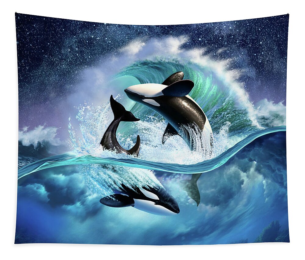 Orca Tapestry featuring the digital art Orca Wave by Jerry LoFaro