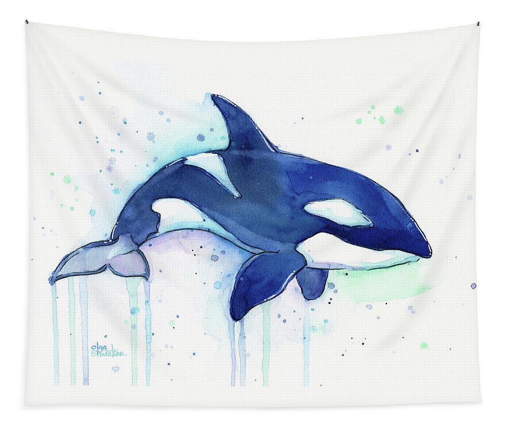 Killer Whale Tapestry featuring the painting Orca Whale Watercolor Killer Whale Facing Right by Olga Shvartsur