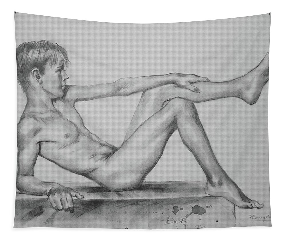 Drawing Tapestry featuring the drawing Original Pencil Drawing Male Nude Boy On Paper #16-9-29 by Hongtao Huang