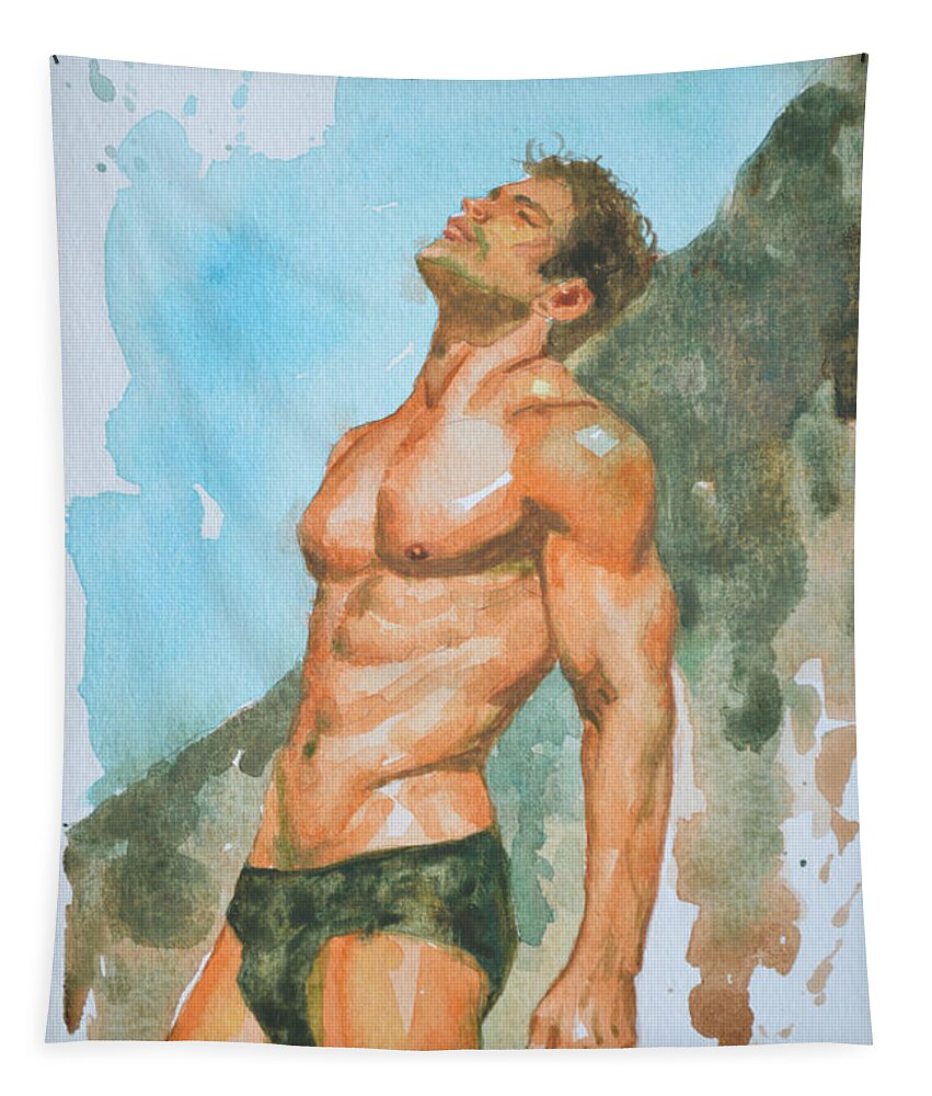 Drawing Tapestry featuring the painting Original Watercolor Painting Drawing Male Nude Gay Interest Man On Paper #7-1-5 by Hongtao Huang