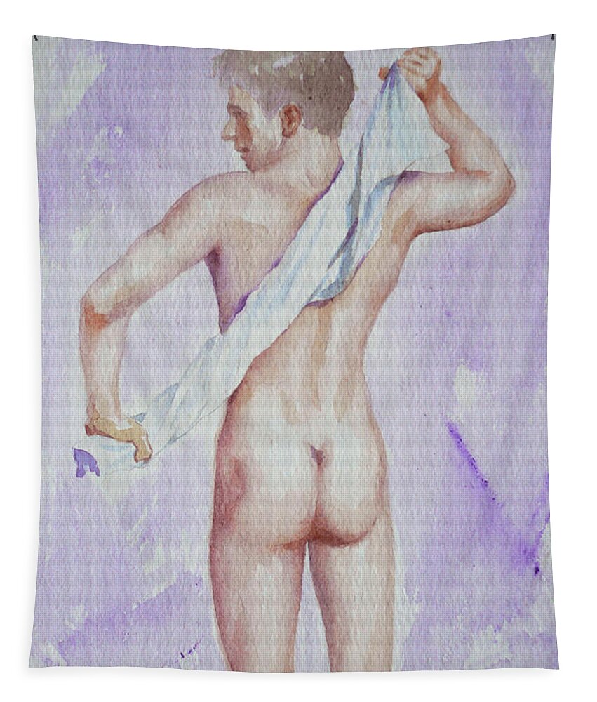 Original Art Tapestry featuring the painting Original Watercolour Male Nude Bather On Paper#16-10-6-01 by Hongtao Huang