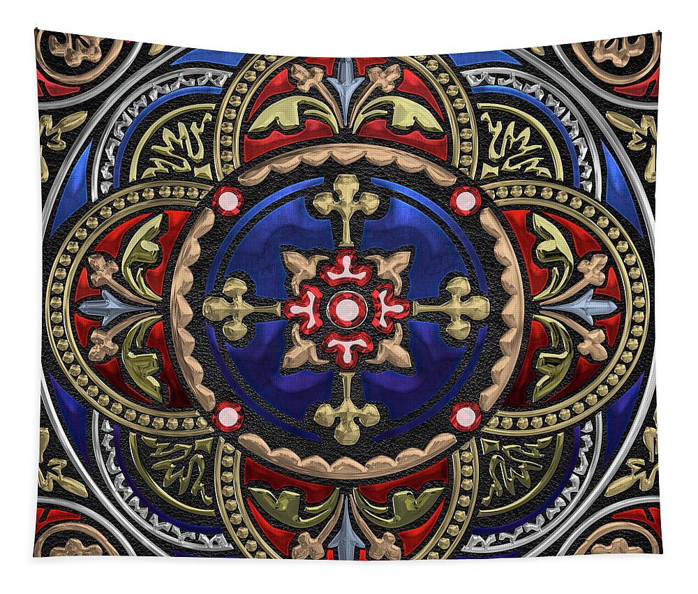 ‘celtic Treasures’ Collection By Serge Averbukh Tapestry featuring the digital art Ornate Medieval Sacred Celtic Cross over Black Leather by Serge Averbukh