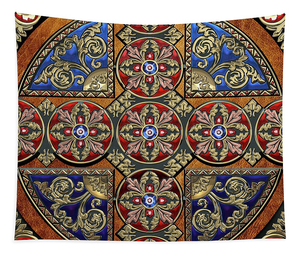 ‘celtic Treasures’ Collection By Serge Averbukh Tapestry featuring the digital art Ornate Medieval Sacred Celtic Cross over Brown Leather by Serge Averbukh