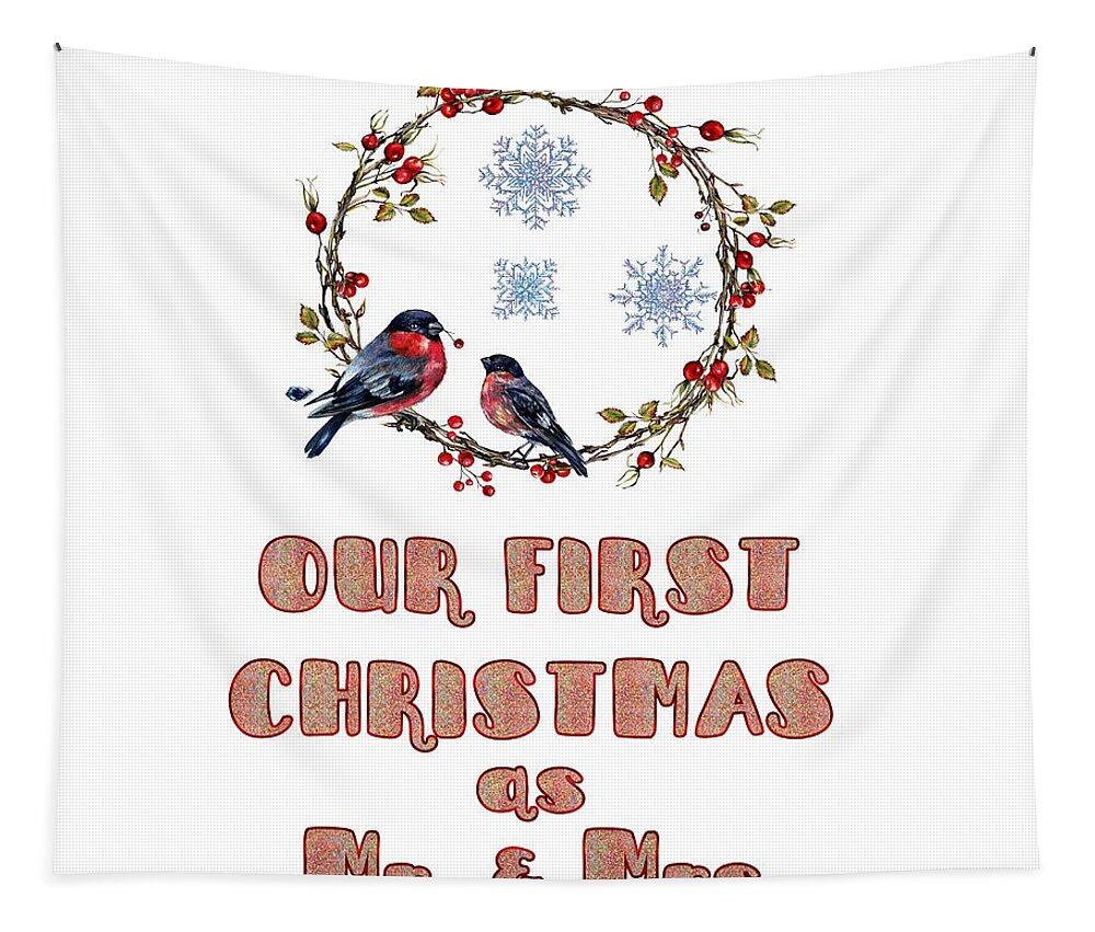 Our First Christmas Tapestry featuring the painting Our First Christmas Watercolor Bullfinches by Georgeta Blanaru