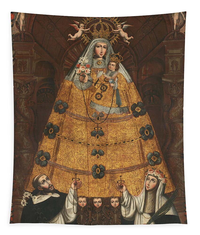 Cuzco School Tapestry featuring the painting Our Lady of the Rosary with Saint Dominic and Saint Rose by Cuzco School