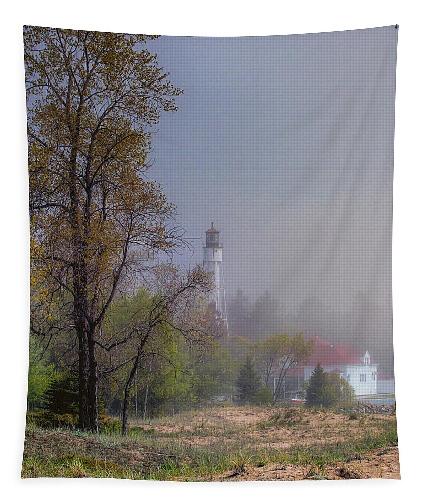 Lighthouse Tapestry featuring the photograph Out of the Fog by Susan Rissi Tregoning