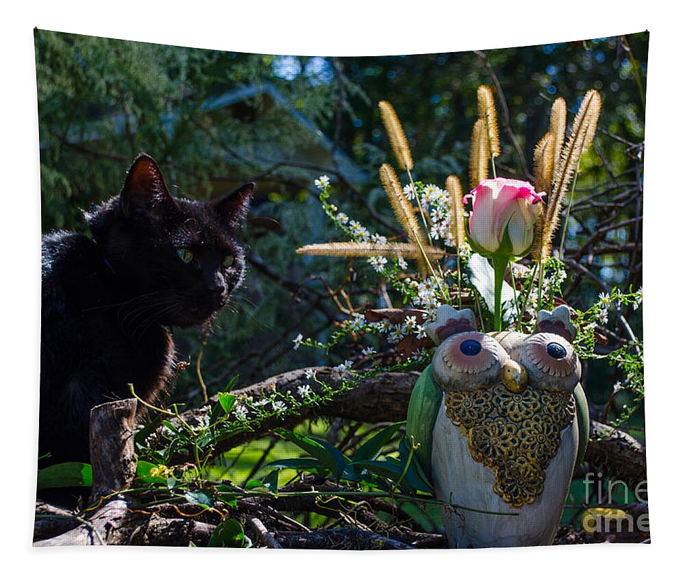 Animal Tapestry featuring the photograph Owl And Cat by Donna Brown