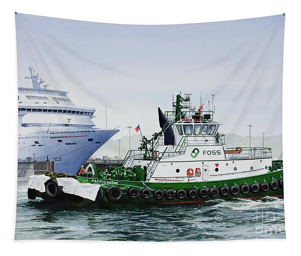 Pacific Escort Tapestry featuring the painting PACIFIC ESCORT Cruise Ship Assist by James Williamson