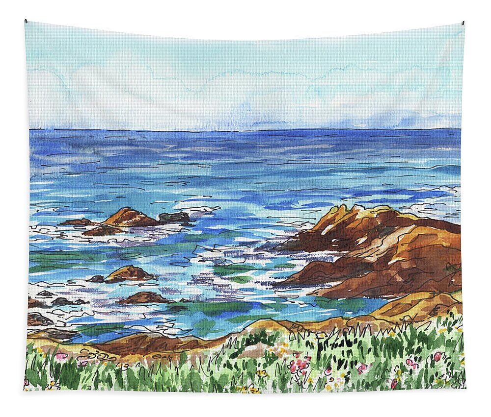 Monterey Shore Tapestry featuring the painting Pacific Ocean Shore Monterey by Irina Sztukowski
