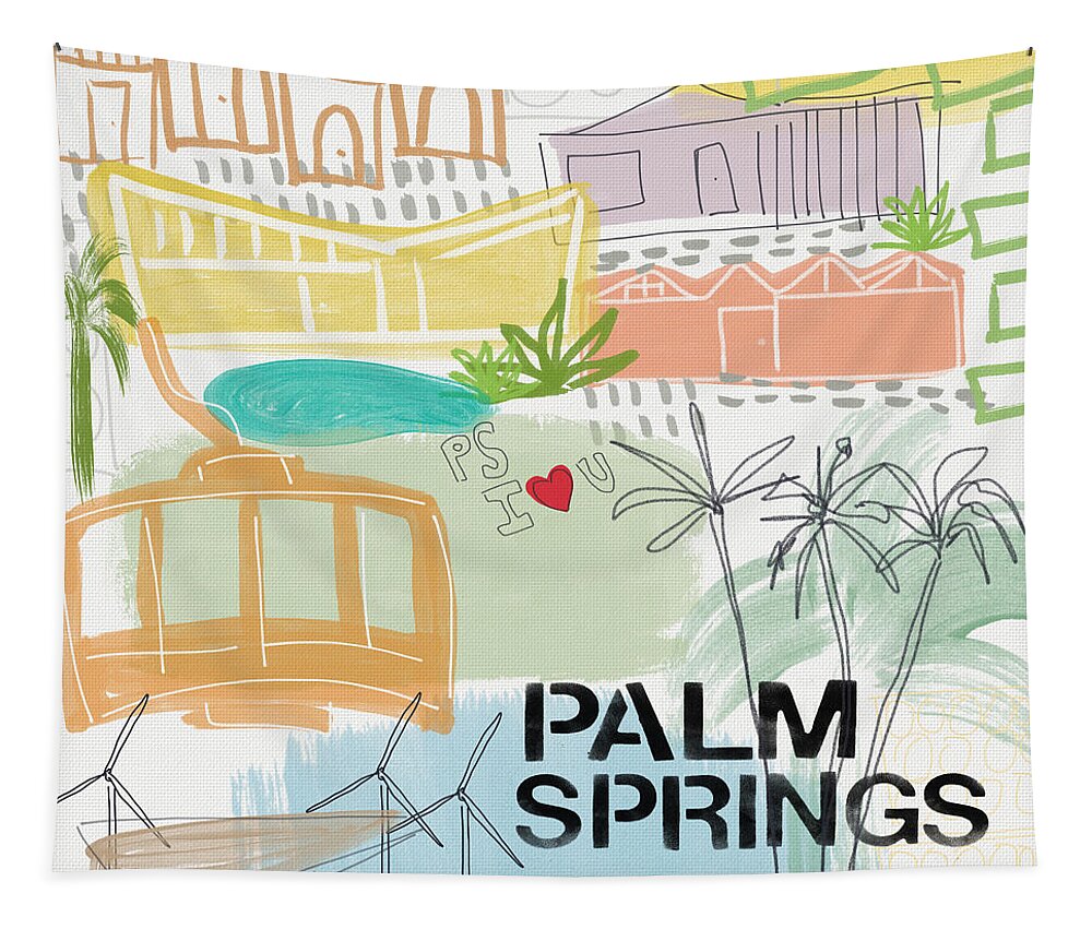Palm Springs California Tapestry featuring the painting Palm Springs Cityscape- Art by Linda Woods by Linda Woods