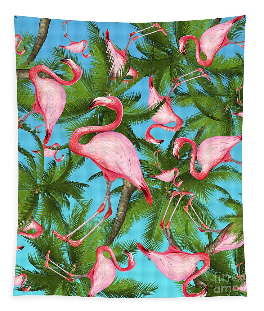Summer Tapestry featuring the digital art Palm tree and flamingos by Mark Ashkenazi