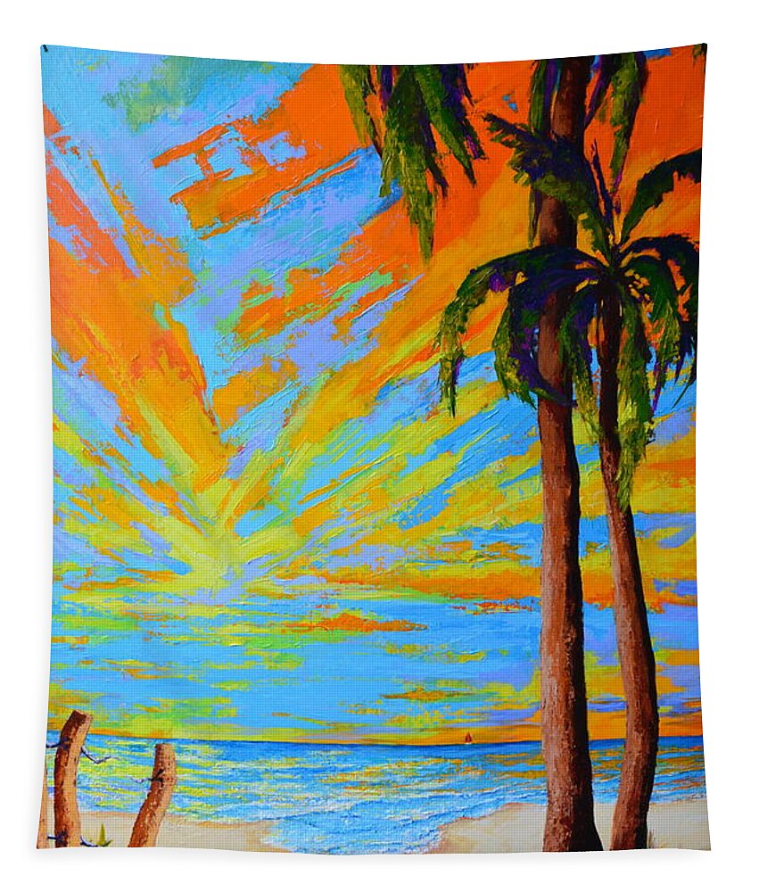 Florida Palm Trees Tapestry featuring the painting Florida Palm Trees, Tropical Beach, Colorful Sunset Painting by Patricia Awapara