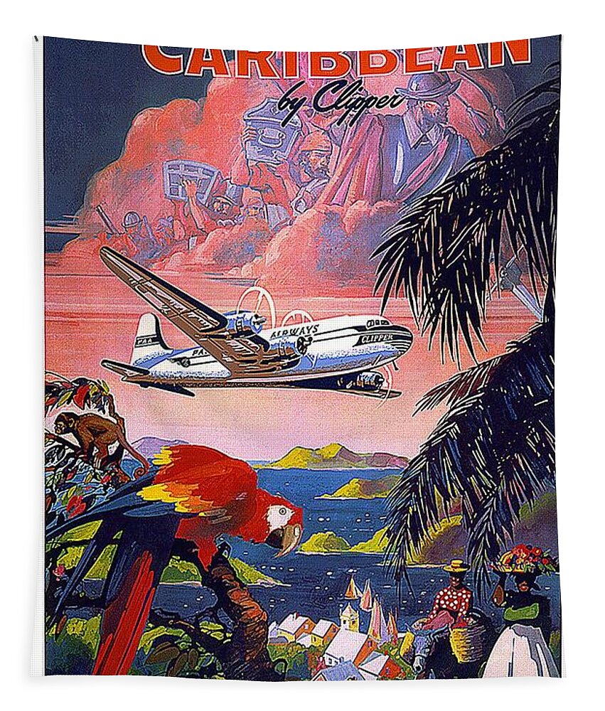 Pan American World Airways Tapestry featuring the mixed media Pan American World Airways - Flying Clippers - Caribbean - Retro travel Poster - Vintage Poster by Studio Grafiikka
