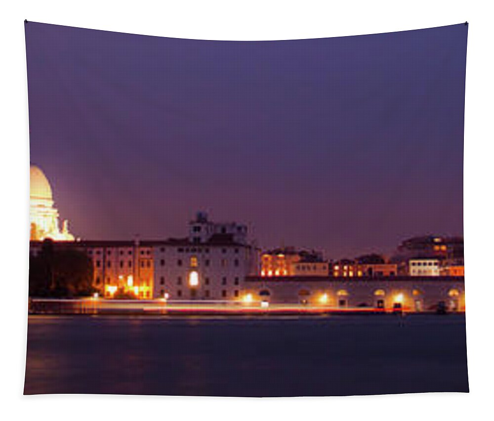 Bridge Tapestry featuring the photograph Panorama by night of venice, city in Italy by Amanda Mohler