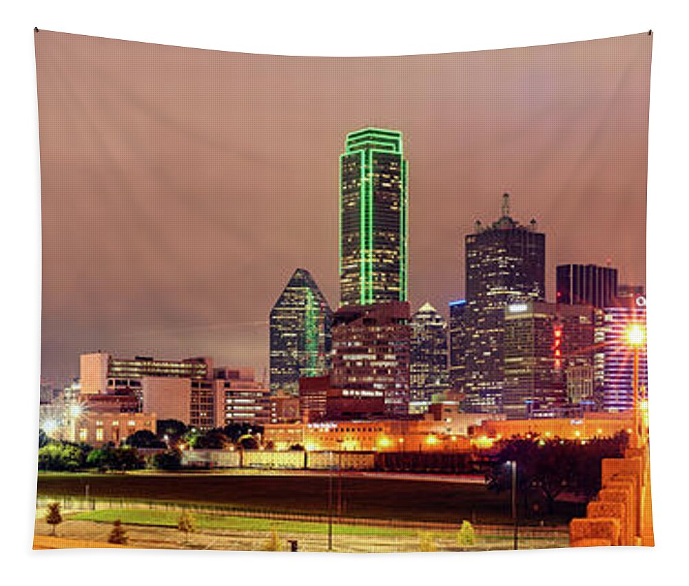 Downtown Tapestry featuring the photograph Panorama of Downtown Dallas Skyline and Reunion Tower from South Houston Street Bridge - North Texas by Silvio Ligutti