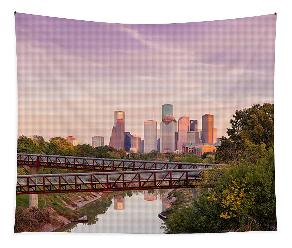 Downtown Tapestry featuring the photograph Panorama of Downtown Houston Skyline from Studemont Drive - Buffalo Bayou Park Houston Texas by Silvio Ligutti