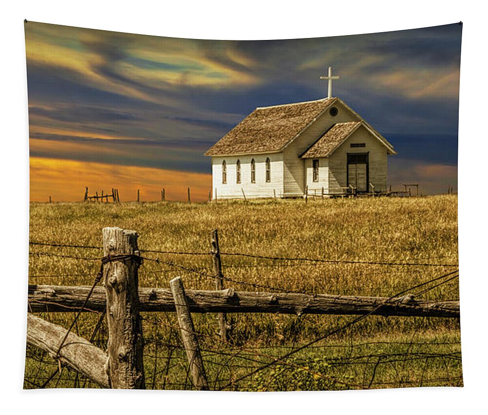 Church Tapestry featuring the photograph Panoramic of Old Rural Country Church at Sunset on the Prairie by Randall Nyhof