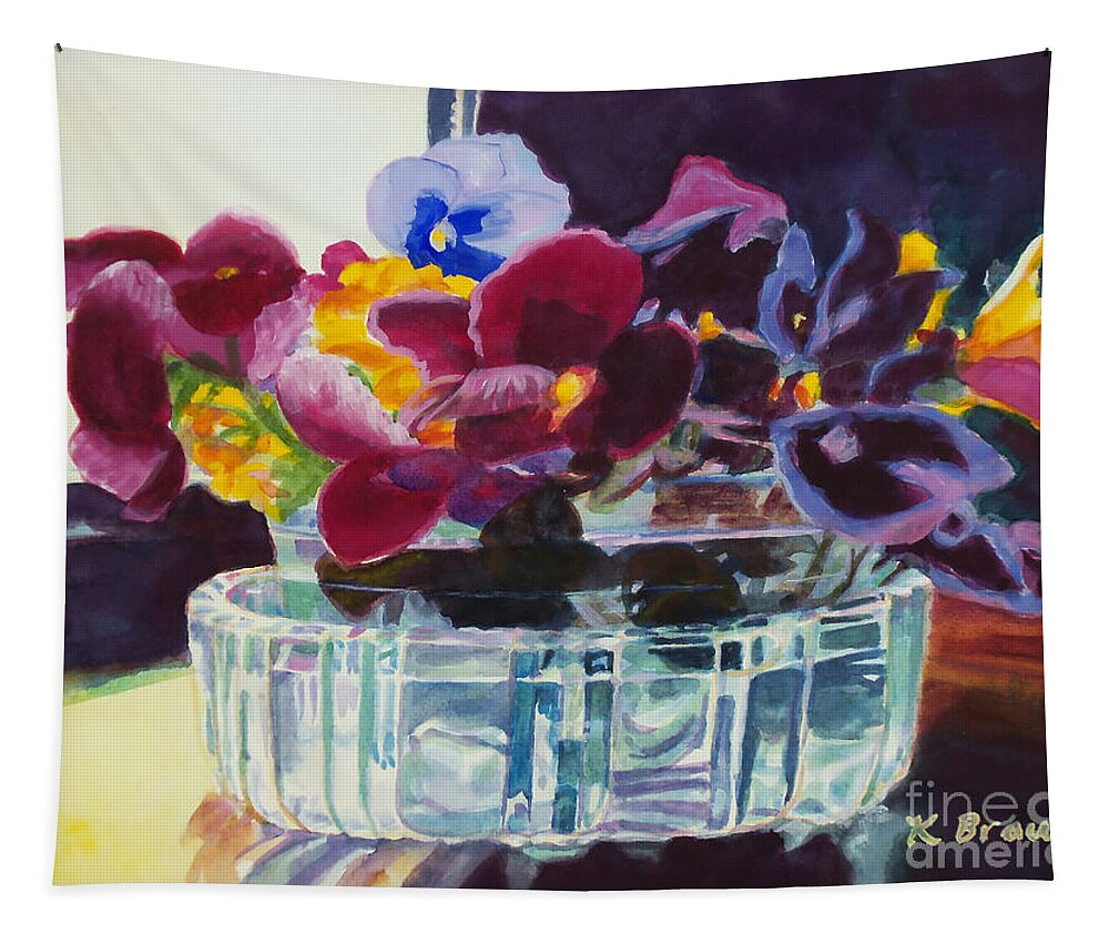 Paintings Tapestry featuring the painting Pansies in Crystal Vase  by Kathy Braud