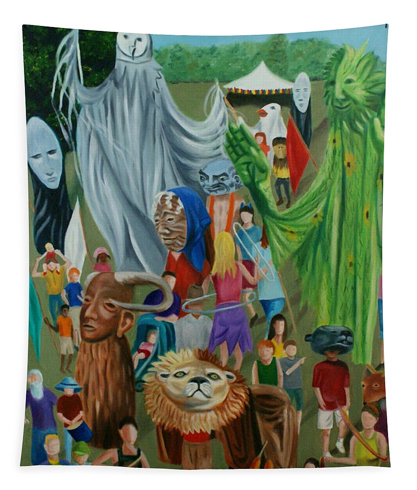  Tapestry featuring the painting Paperhand Puppet Parade by Jill Ciccone Pike