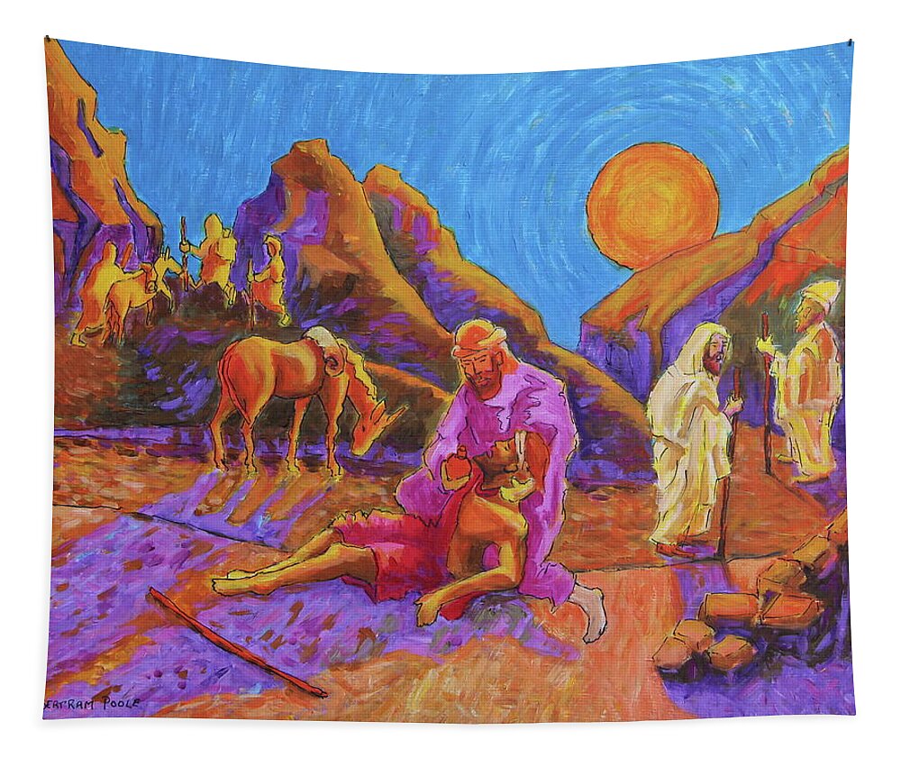 Parables Of Jesus Tapestry featuring the painting Parables of Jesus Parable of the Good Samaritan painting Bertram Poole by Thomas Bertram POOLE