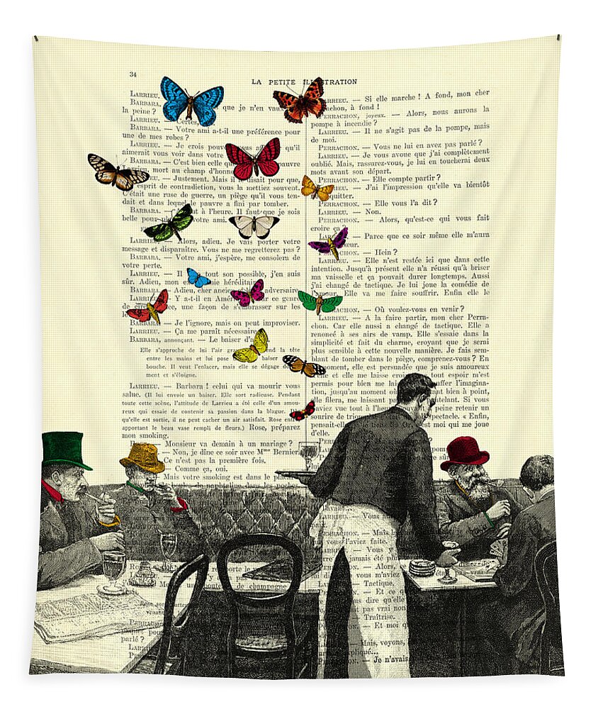 French Bistro Tapestry featuring the digital art Inside a french bistro at Paris and rainbow butterflies by Madame Memento