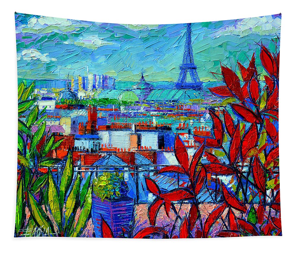 Paris Rooftops Tapestry featuring the painting Paris Rooftops - View From Printemps Terrace  by Mona Edulesco